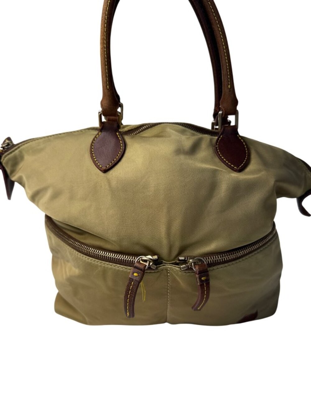 Dooney & Bourke Nylon Satchel Bag Khaki Tan Leather Trim Zipper Pockets